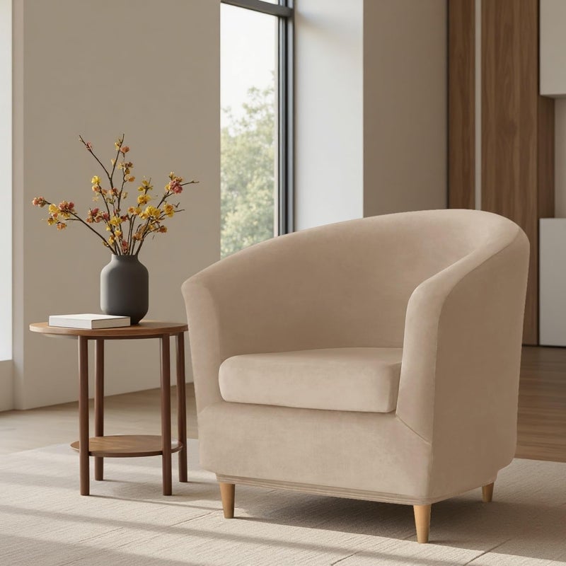 Deisy Dee 2 Piece Velvet Club Chair Slipcover Stretch Barrel Chair Covers Accent Chair Cover Removable Couch Furniture Protector Arm Chair Cover for Living Room (Khaki) - Image 2